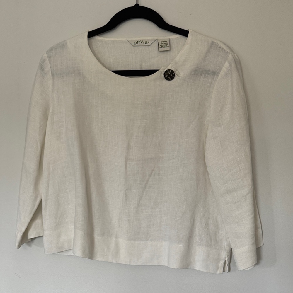 Orvis Cream Linen Top with Button Accent